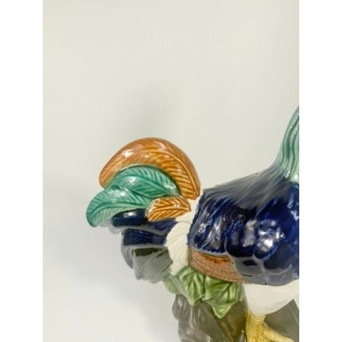 Rooster Figurine Statue Vintage Large Pottery Ceramic Hand Painted Majolica Chicken Home Kitchen Decor Decorative Accents Farmhouse Country