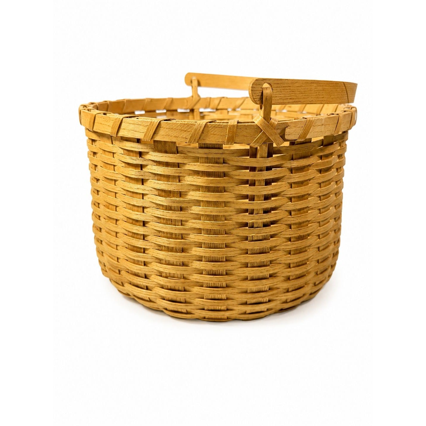 Amish Handwowen Swinging Handled Basket Vintage Light Wood Handmade Decorative Home Decor Accents Farmhouse Cottage Granny Core Country