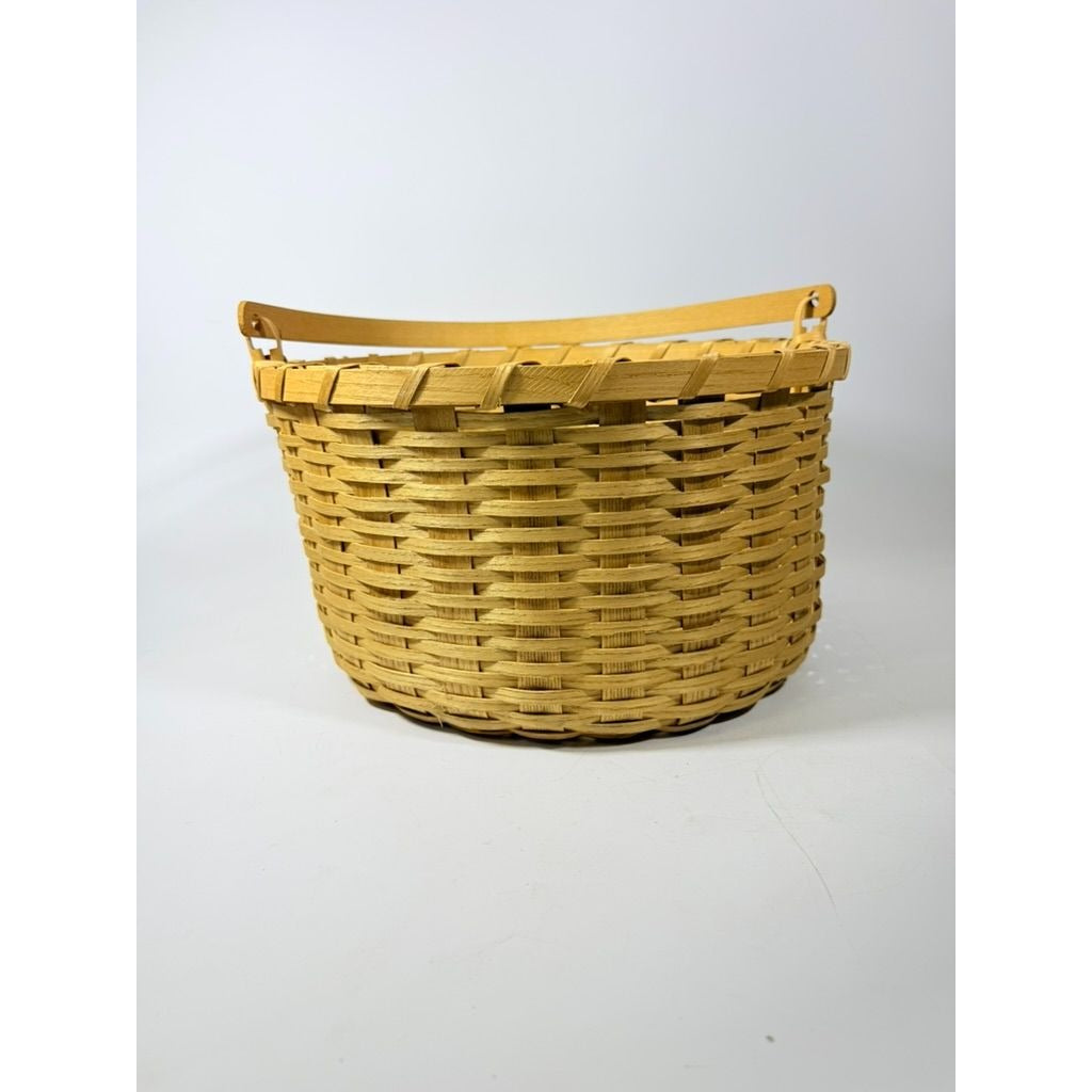 Amish Handwowen Swinging Handled Basket Vintage Light Wood Handmade Decorative Home Decor Accents Farmhouse Cottage Granny Core Country