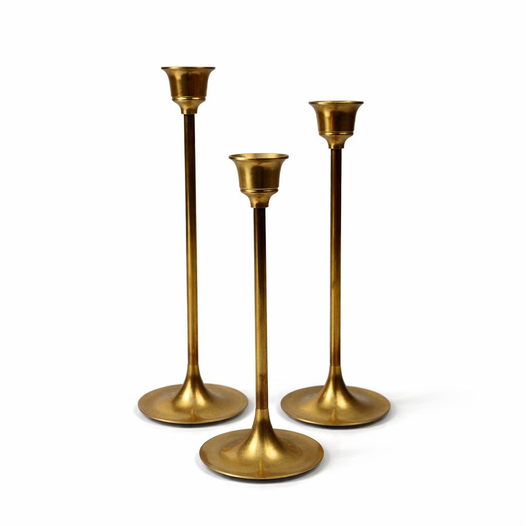 Brass Taper Candle Holders Tulip Shaped Vintage Set 3 Home Shelf Table Decor Wedding Decorative Accents Gold Made in Taiwan