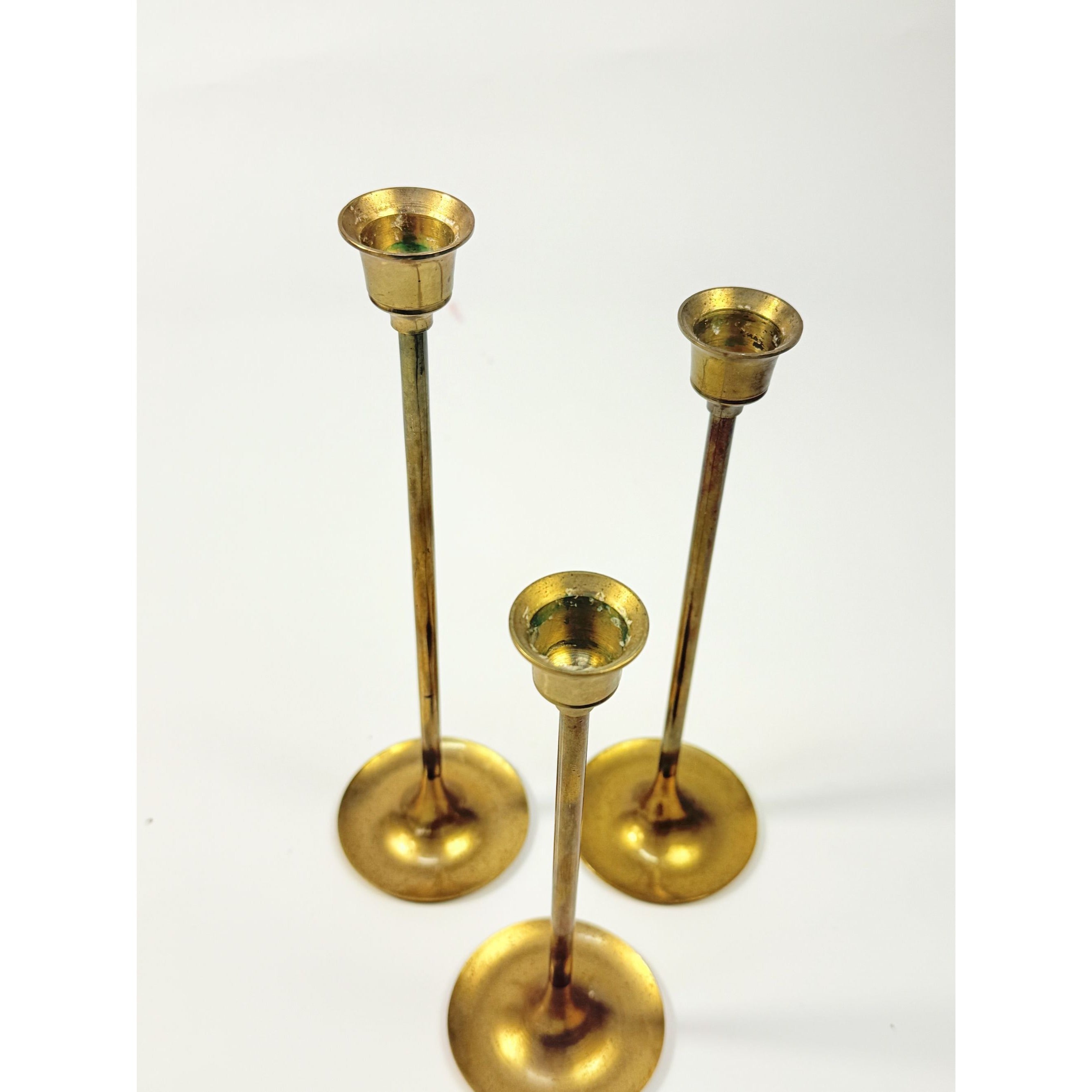 Brass Taper Candle Holders Tulip Shaped Vintage Set 3 Home Shelf Table Decor Wedding Decorative Accents Gold Made in Taiwan