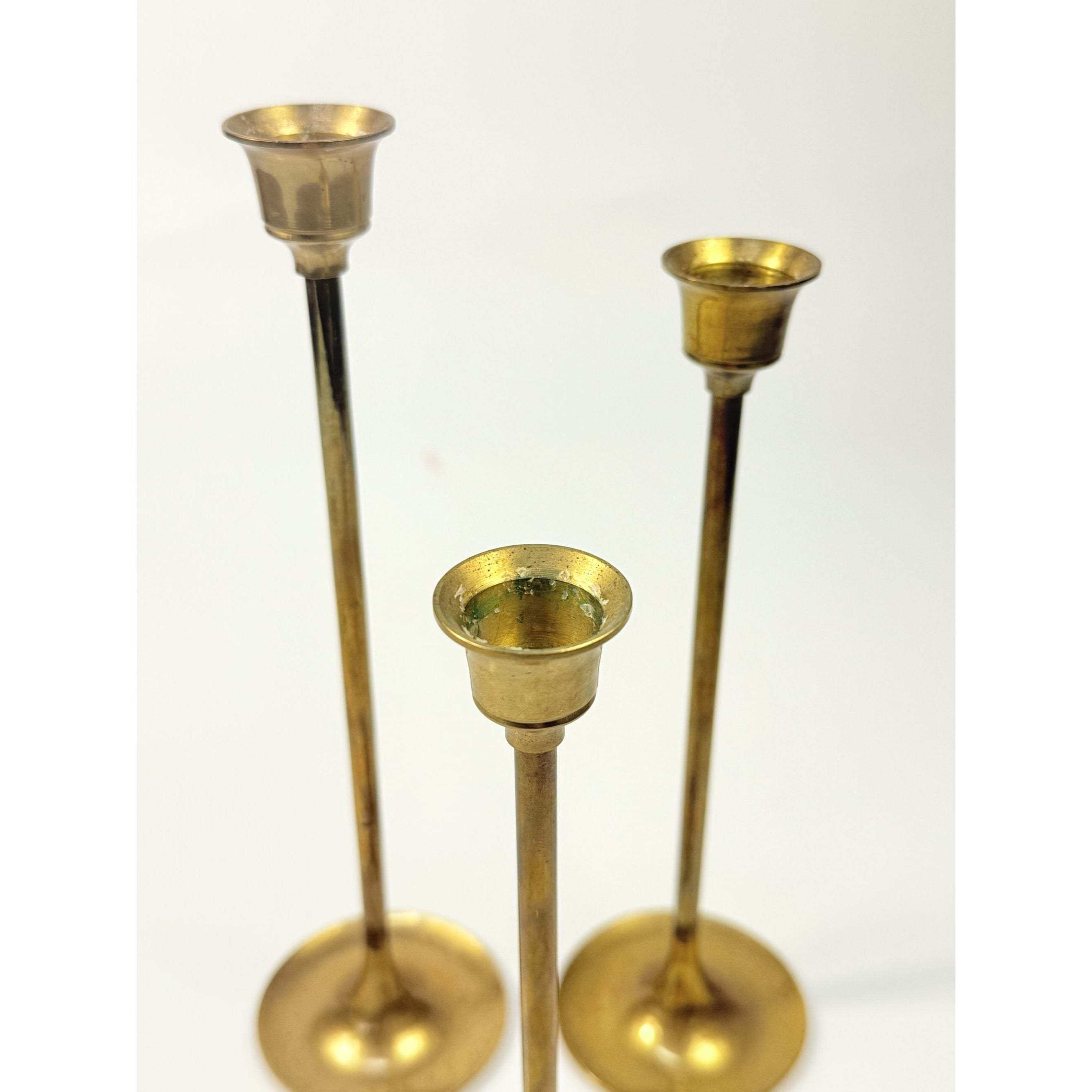 Brass Taper Candle Holders Tulip Shaped Vintage Set 3 Home Shelf Table Decor Wedding Decorative Accents Gold Made in Taiwan