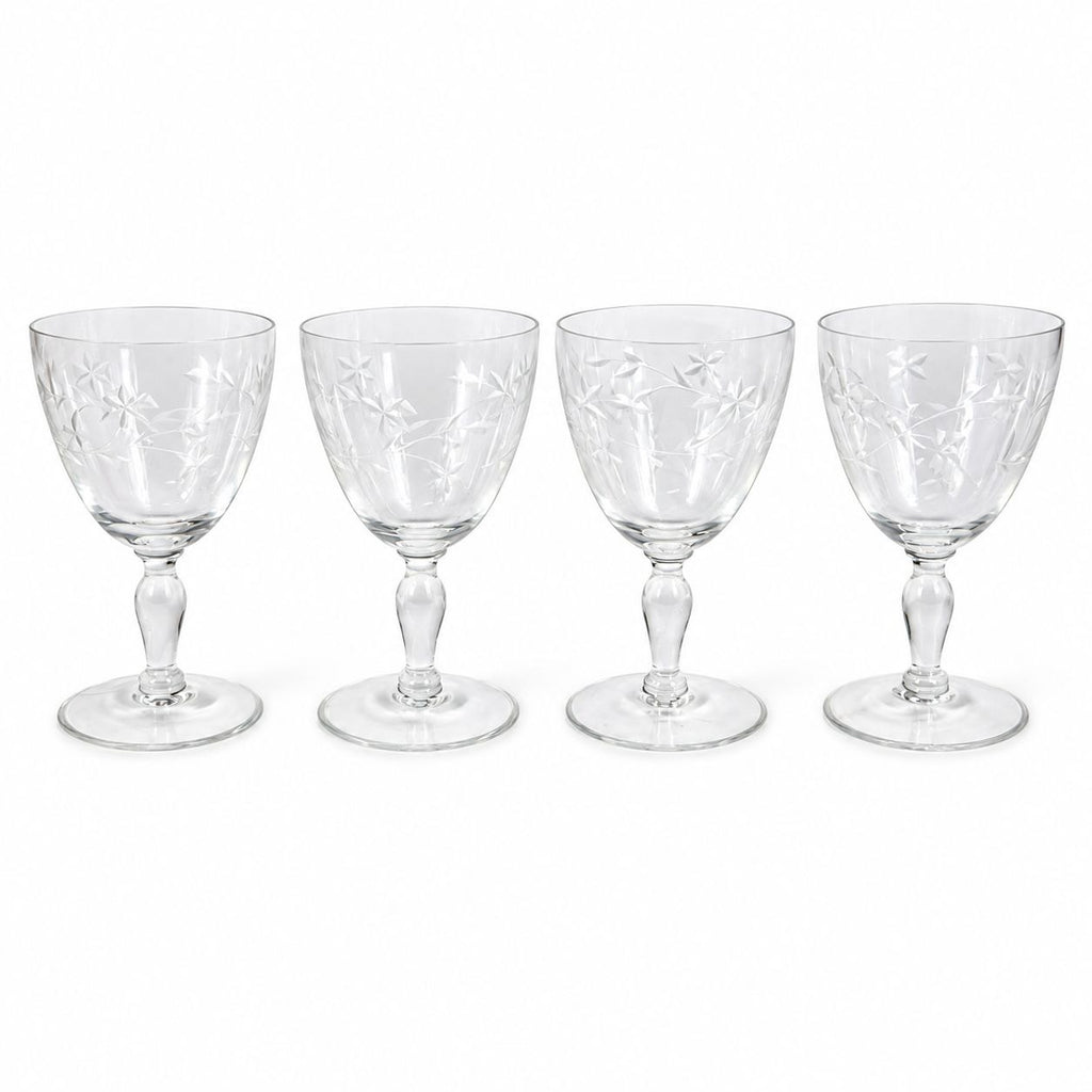 Crystal Stemware Wine Water Goblets Etched Glass Vintage Czech Set 4 Tapered Ball Stem Barware Glassware Replacement Hostess