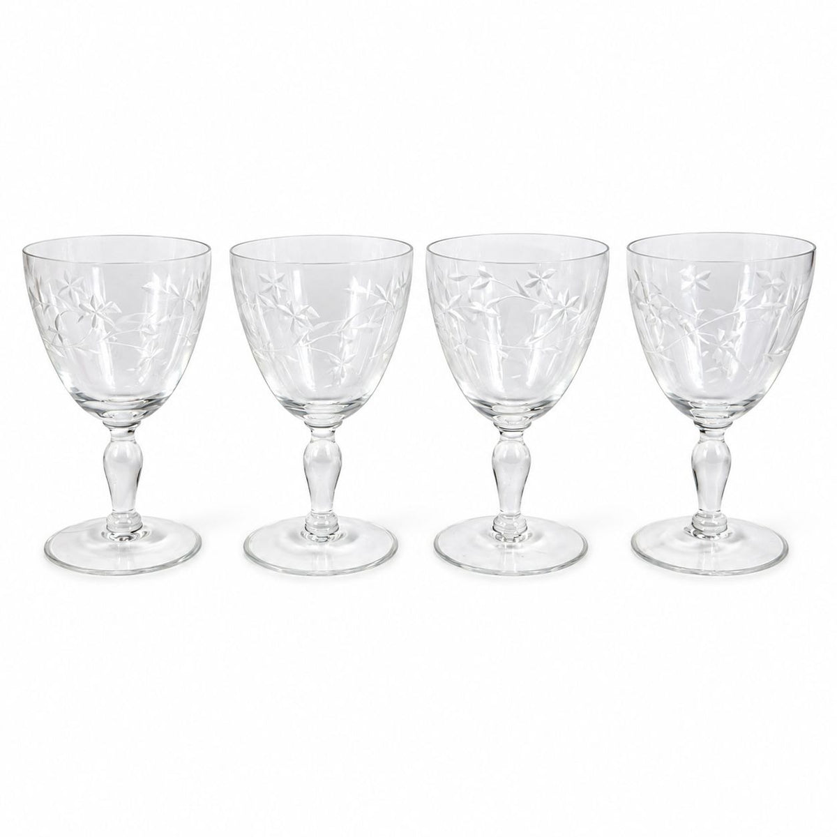 Crystal Stemware Wine Water Goblets Etched Glass Vintage Czech Set 4 Tapered Ball Stem Barware Glassware Replacement Hostess