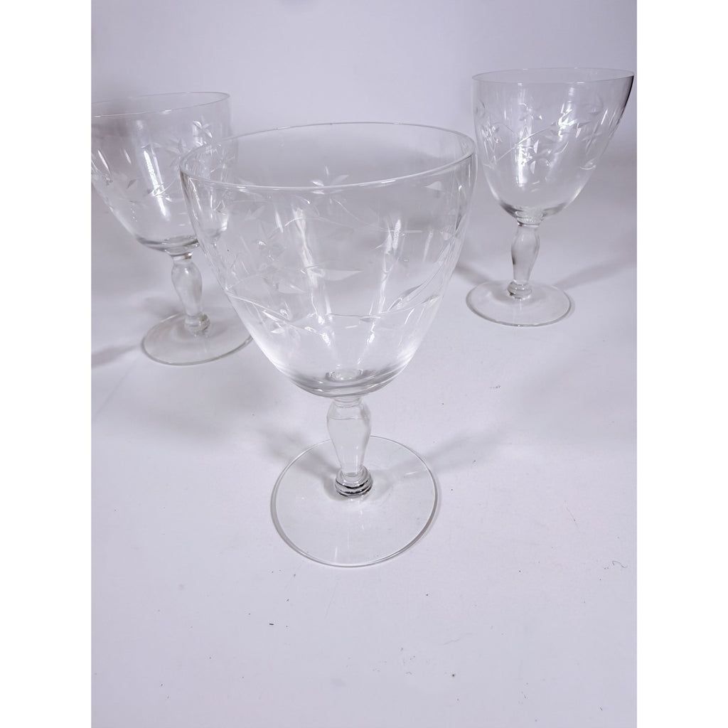 Crystal Stemware Wine Water Goblets Etched Glass Vintage Czech Set 4 Tapered Ball Stem Barware Glassware Replacement Hostess