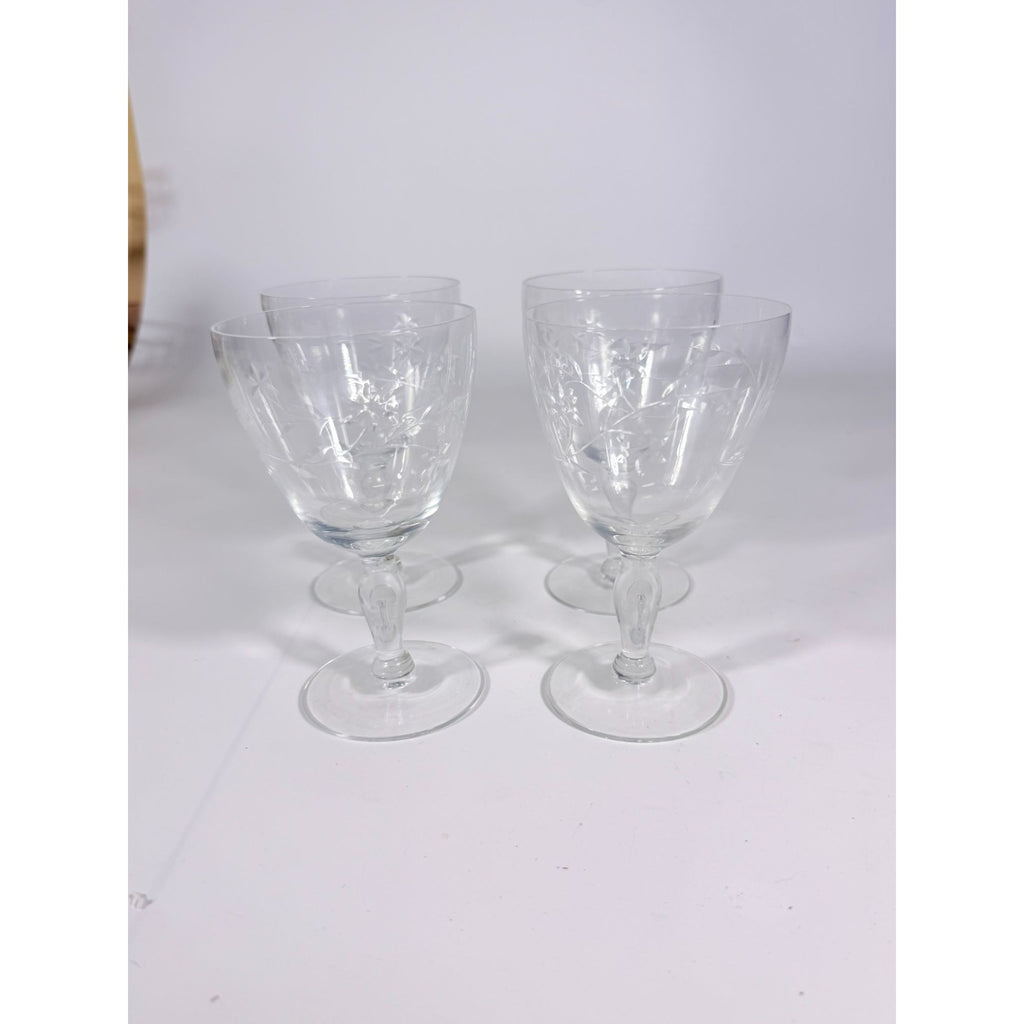 Crystal Stemware Wine Water Goblets Etched Glass Vintage Czech Set 4 Tapered Ball Stem Barware Glassware Replacement Hostess