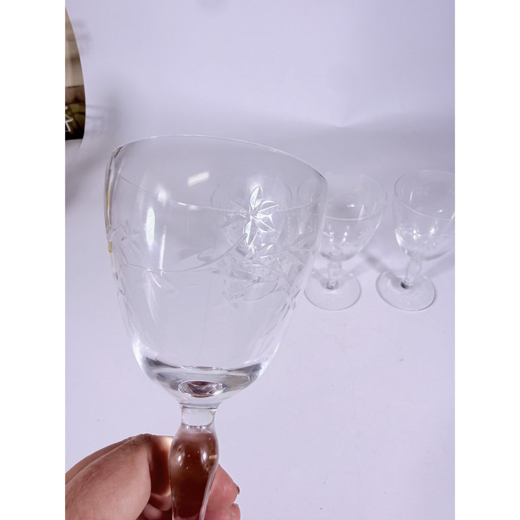 Crystal Stemware Wine Water Goblets Etched Glass Vintage Czech Set 4 Tapered Ball Stem Barware Glassware Replacement Hostess
