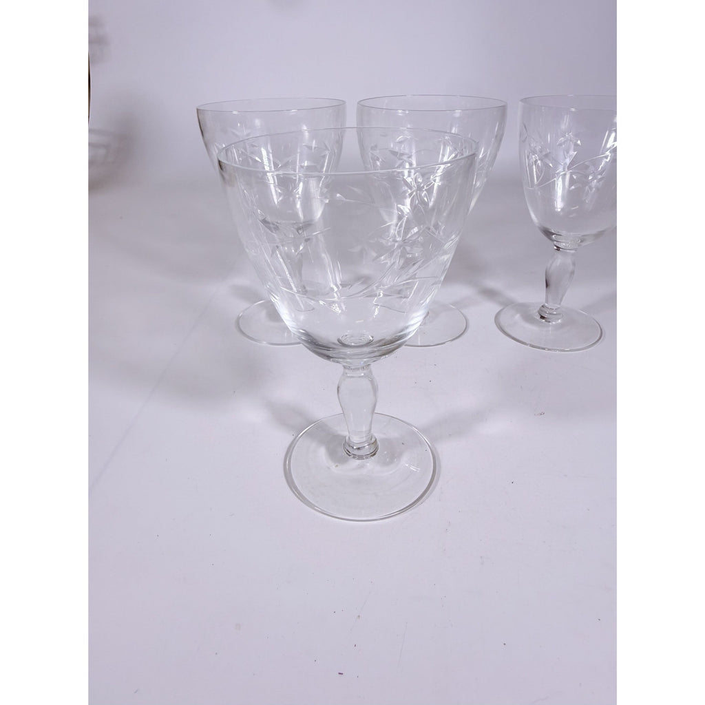 Crystal Stemware Wine Water Goblets Etched Glass Vintage Czech Set 4 Tapered Ball Stem Barware Glassware Replacement Hostess