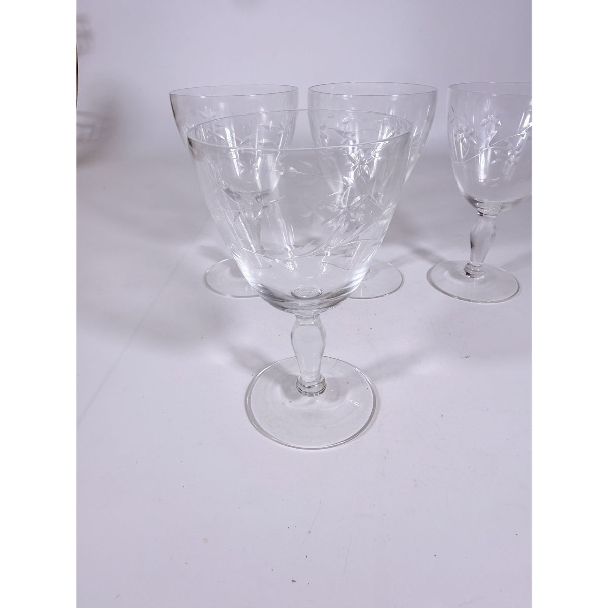 Crystal Stemware Wine Water Goblets Etched Glass Vintage Czech Set 4 Tapered Ball Stem Barware Glassware Replacement Hostess