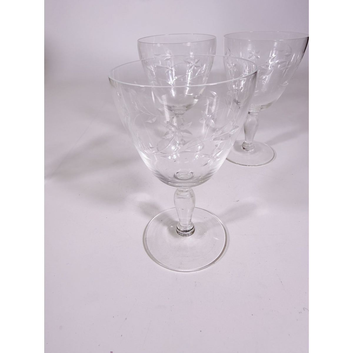 Crystal Stemware Wine Water Goblets Etched Glass Vintage Czech Set 4 Tapered Ball Stem Barware Glassware Replacement Hostess