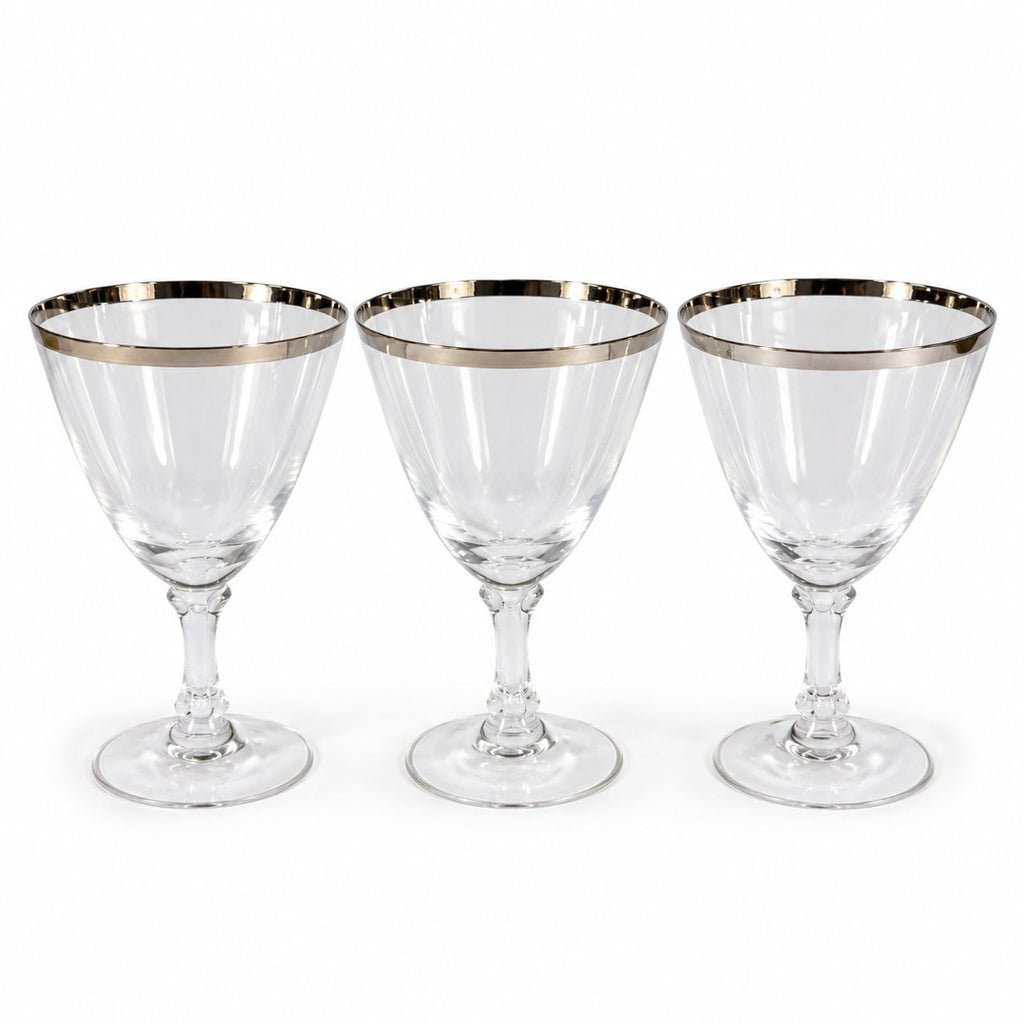 Stemmed Water Goblet Fostoria Wedding Ring Set 3 Silver Band Vintage Replacement Glassware Drinking Glasses Stem