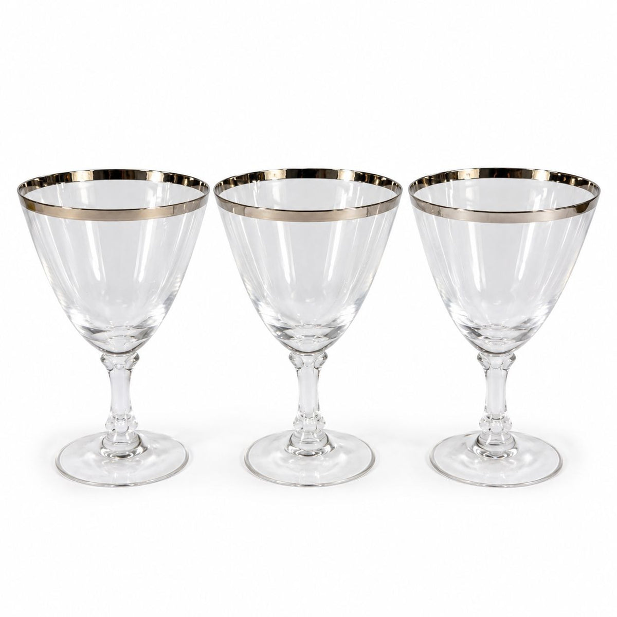 Stemmed Water Goblet Fostoria Wedding Ring Set 3 Silver Band Vintage Replacement Glassware Drinking Glasses Stem
