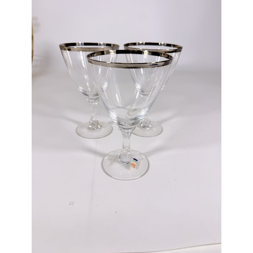 Stemmed Water Goblet Fostoria Wedding Ring Set 3 Silver Band Vintage Replacement Glassware Drinking Glasses Stem
