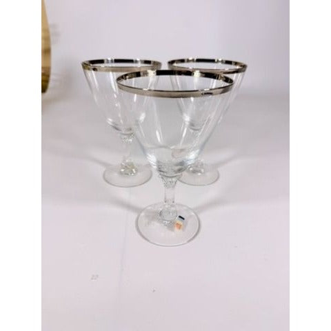 Stemmed Water Goblet Fostoria Wedding Ring Set 3 Silver Band Vintage Replacement Glassware Drinking Glasses Stem