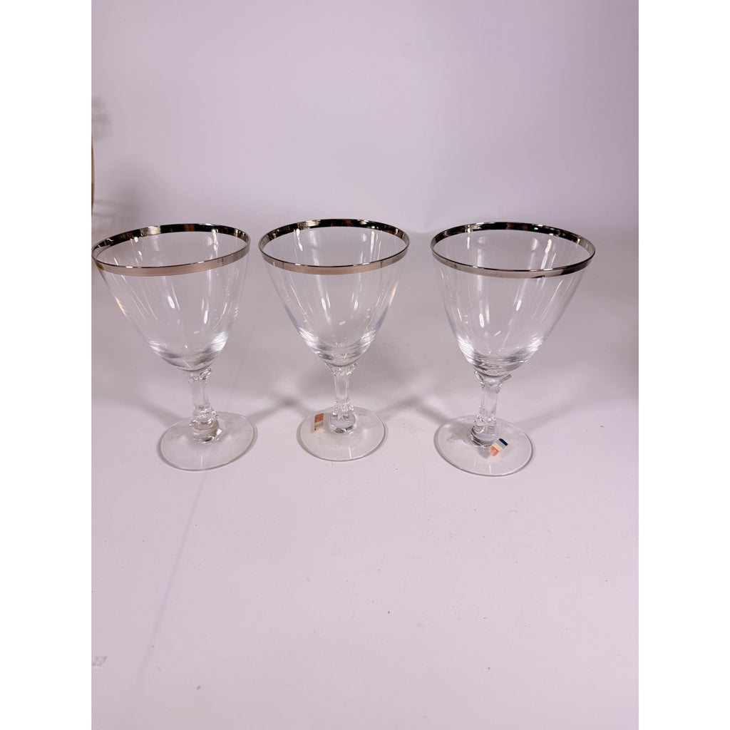 Stemmed Water Goblet Fostoria Wedding Ring Set 3 Silver Band Vintage Replacement Glassware Drinking Glasses Stem