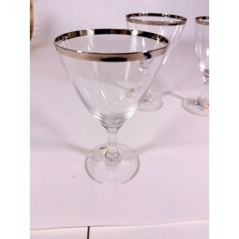 Stemmed Water Goblet Fostoria Wedding Ring Set 3 Silver Band Vintage Replacement Glassware Drinking Glasses Stem