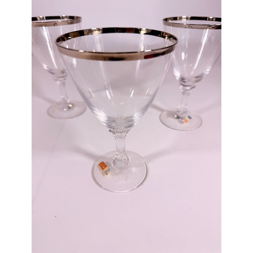 Stemmed Water Goblet Fostoria Wedding Ring Set 3 Silver Band Vintage Replacement Glassware Drinking Glasses Stem