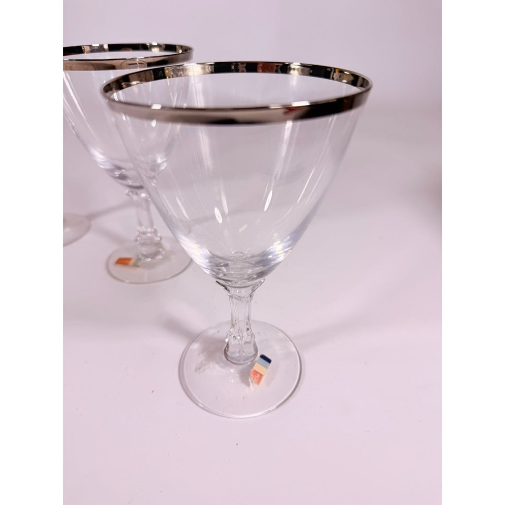 Stemmed Water Goblet Fostoria Wedding Ring Set 3 Silver Band Vintage Replacement Glassware Drinking Glasses Stem