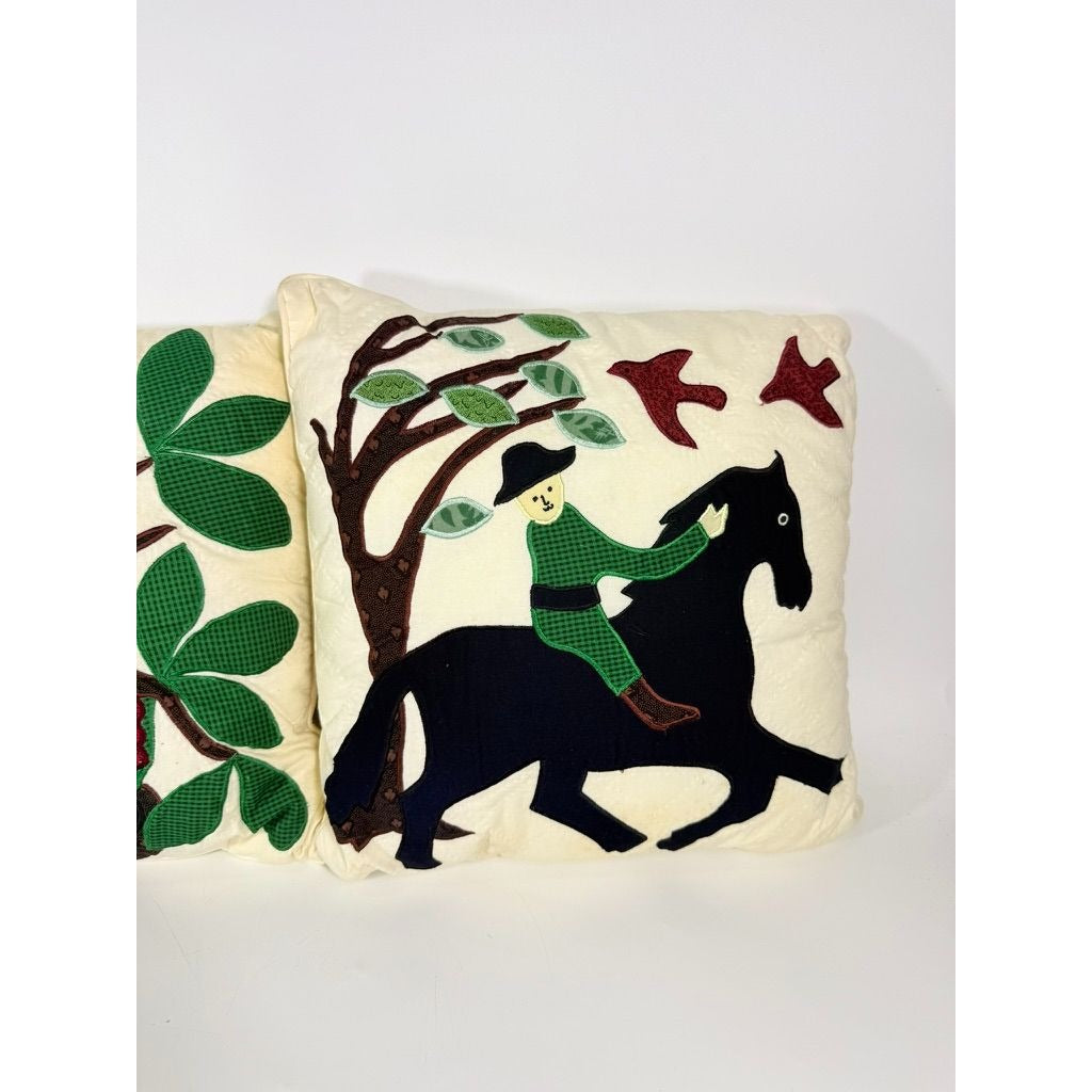 Folk Art Thow Pillows Pair Set 2 Appliquéd Horse Birds Trees Vintage Farmhouse Primitive Country Home Decor