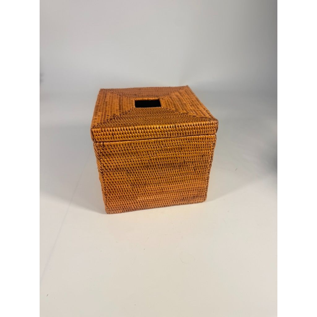 Atta Rattan Tissue Box Cover Hand Woven Natural Hinged Bathroom Office Decor