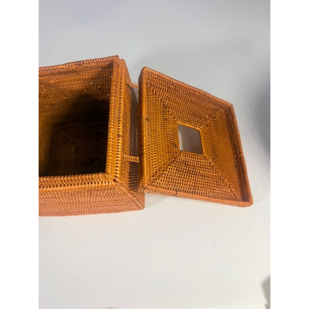 Atta Rattan Tissue Box Cover Hand Woven Natural Hinged Bathroom Office Decor
