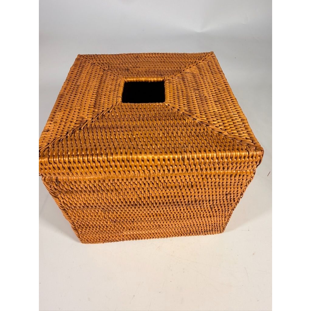 Atta Rattan Tissue Box Cover Hand Woven Natural Hinged Bathroom Office Decor