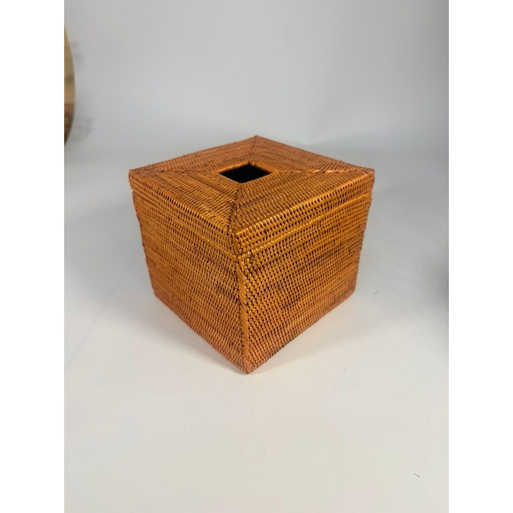 Atta Rattan Tissue Box Cover Hand Woven Natural Hinged Bathroom Office Decor