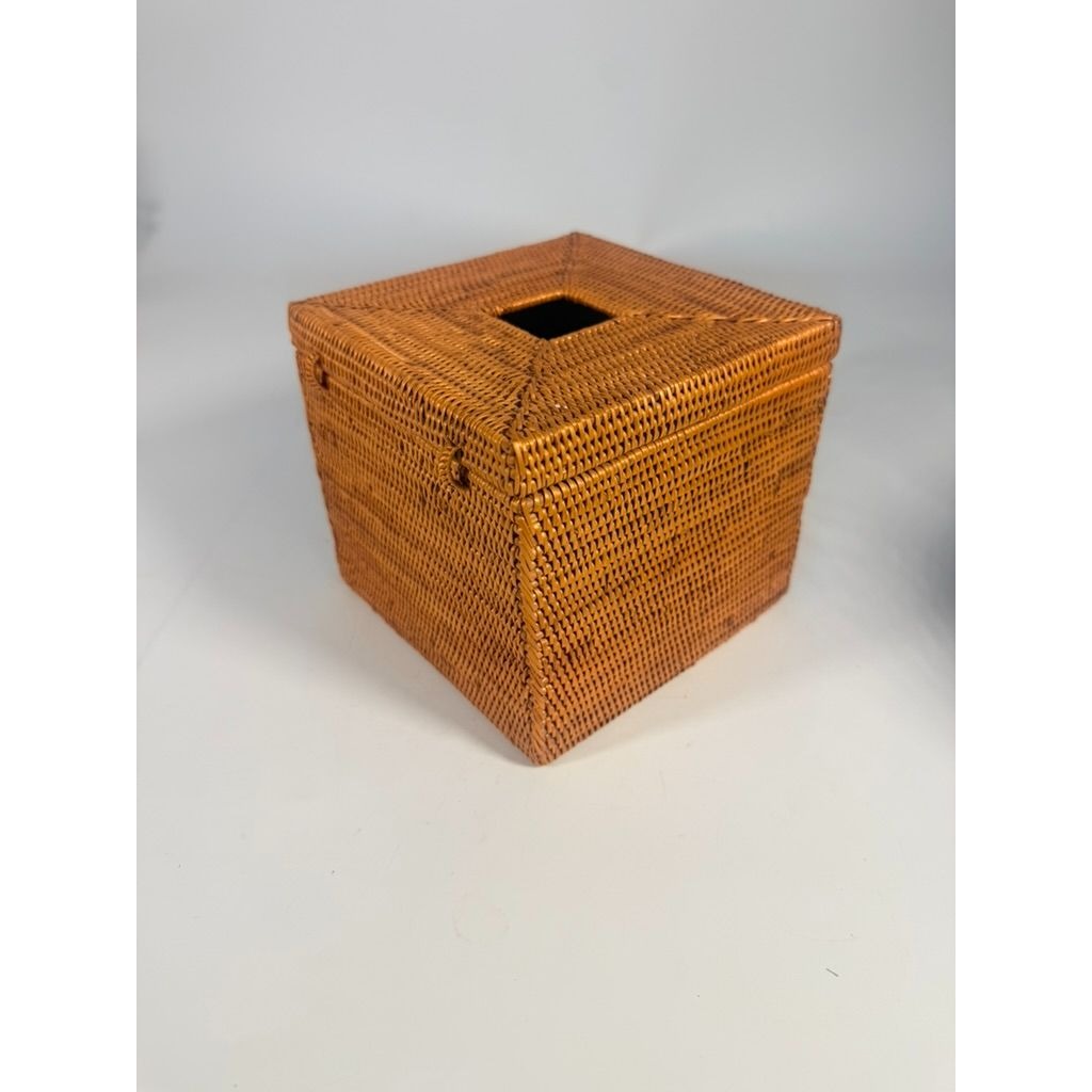 Atta Rattan Tissue Box Cover Hand Woven Natural Hinged Bathroom Office Decor