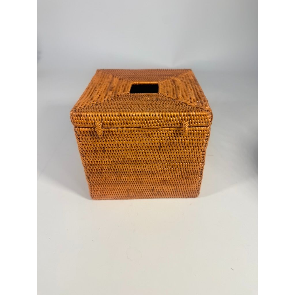 Atta Rattan Tissue Box Cover Hand Woven Natural Hinged Bathroom Office Decor