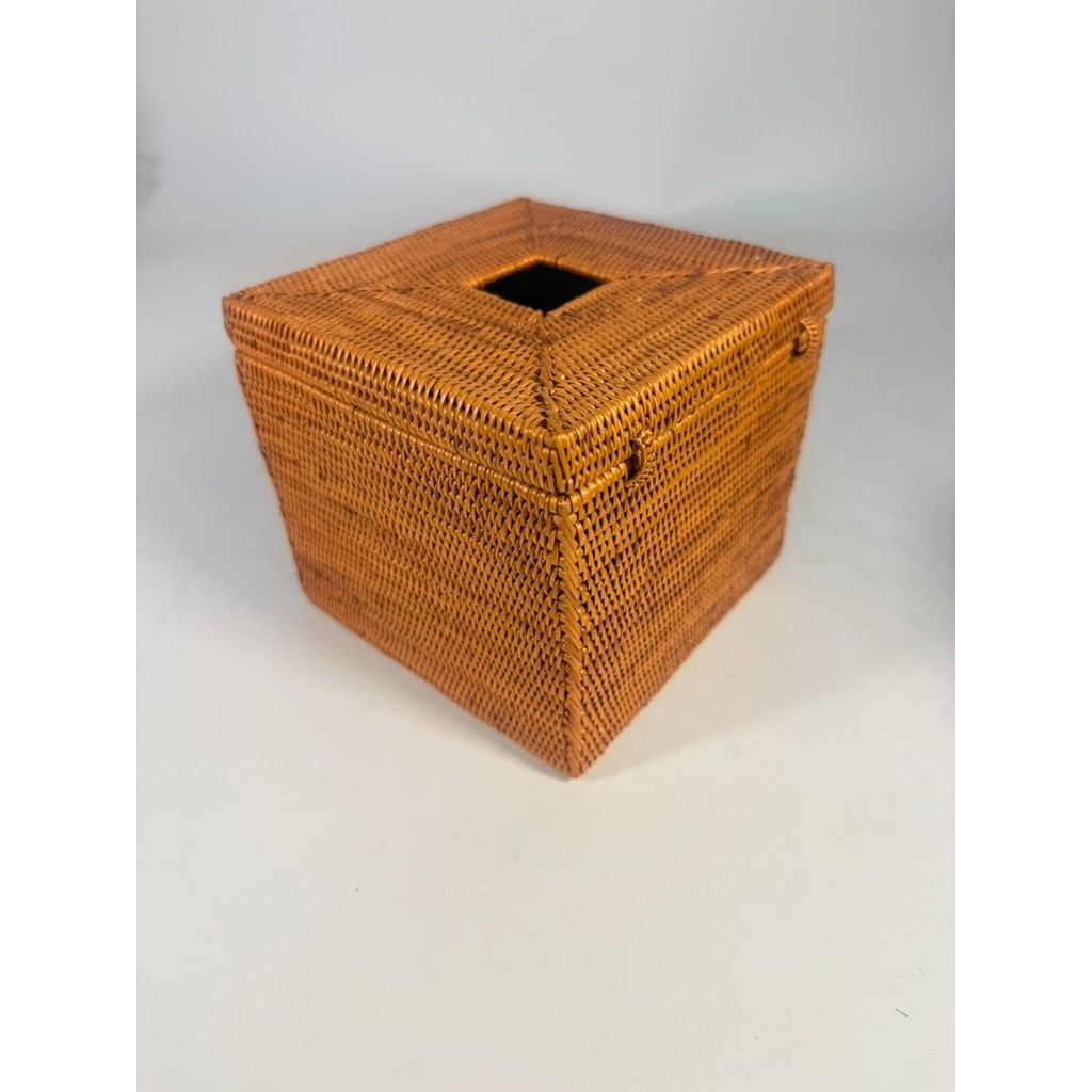 Atta Rattan Tissue Box Cover Hand Woven Natural Hinged Bathroom Office Decor