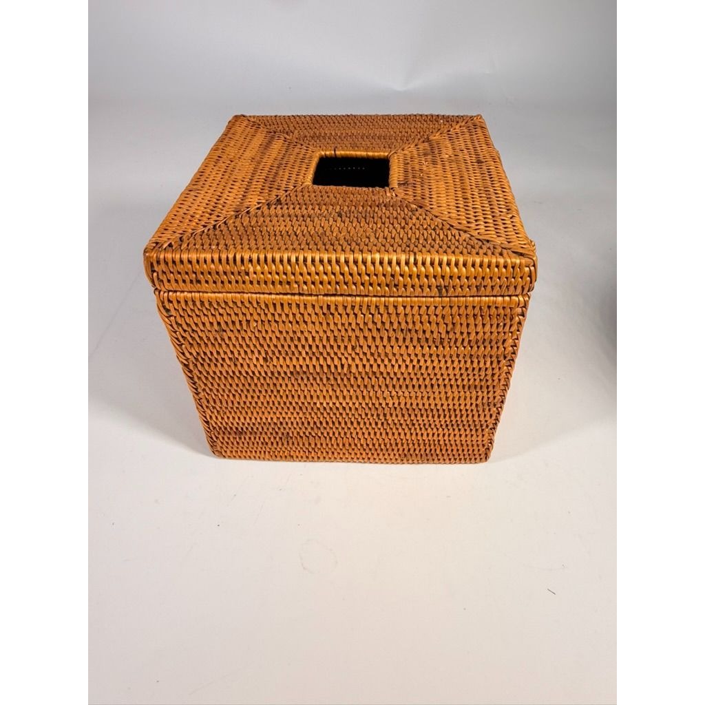 Atta Rattan Tissue Box Cover Hand Woven Natural Hinged Bathroom Office Decor