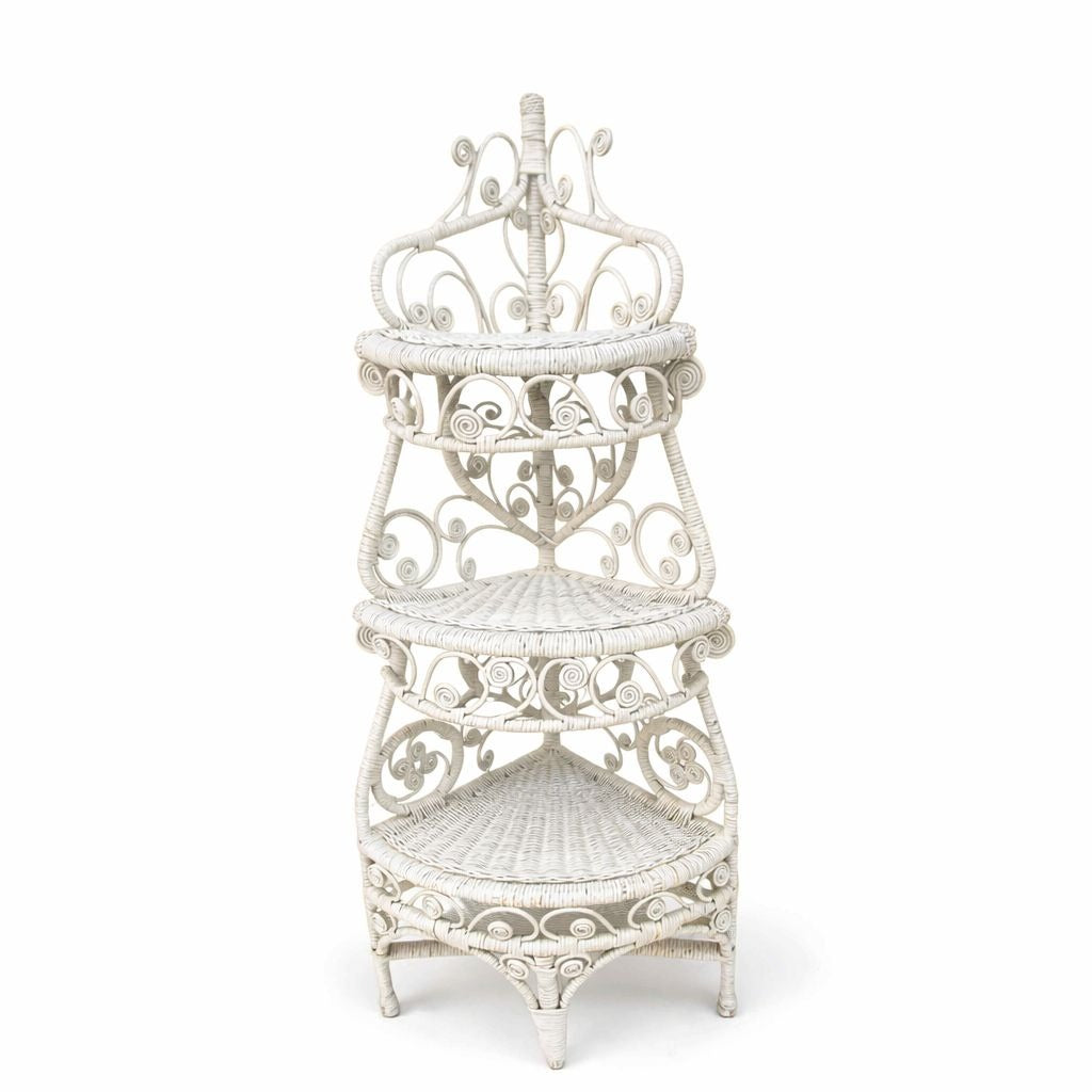 Rattan WIcker Corner Shelf Peacock Scroll  Vintage Coastal Boho Cottage Core Bathroom Bedroom Versitile What Not Trinket Fligurine Shelf