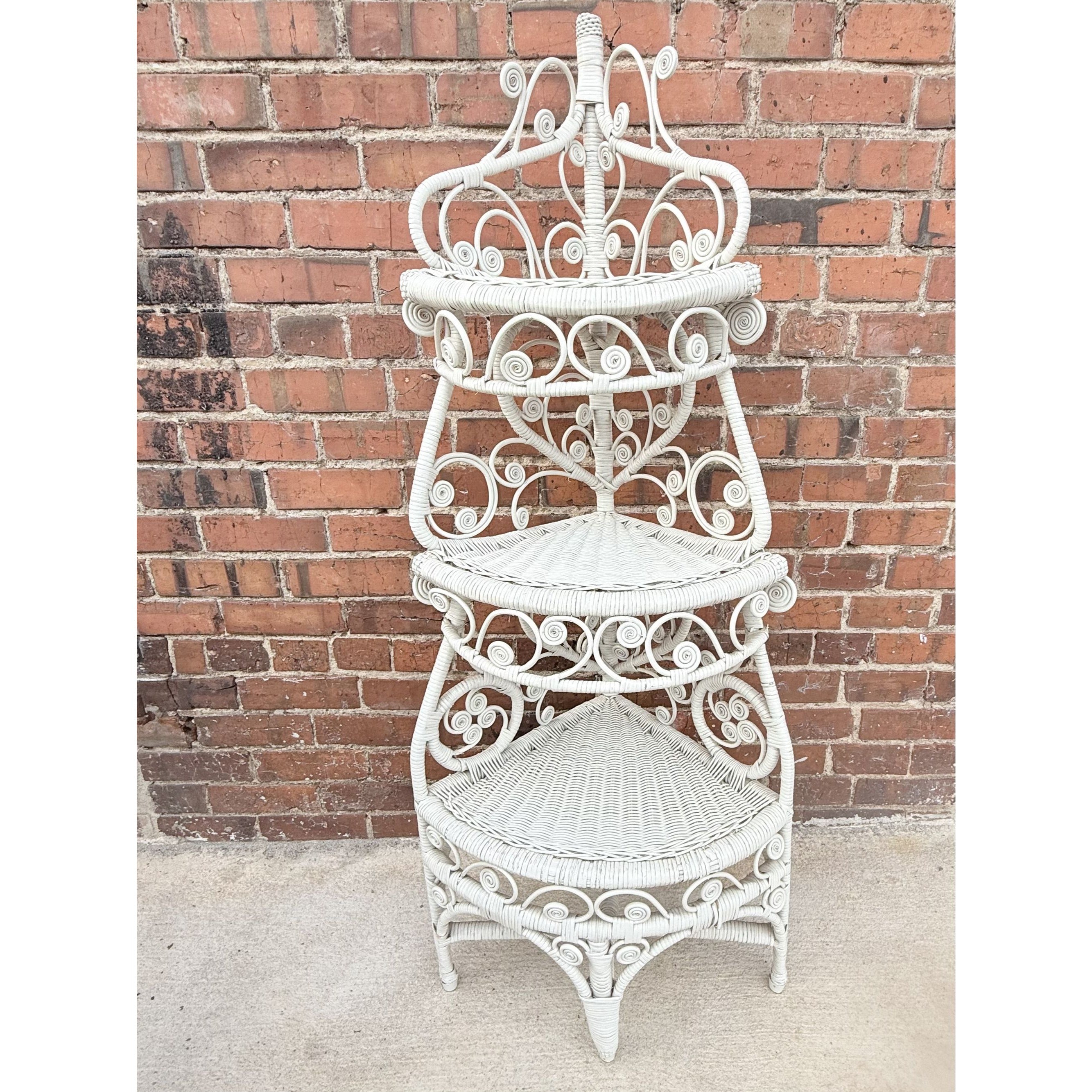 Rattan WIcker Corner Shelf Peacock Scroll  Vintage Coastal Boho Cottage Core Bathroom Bedroom Versitile What Not Trinket Fligurine Shelf