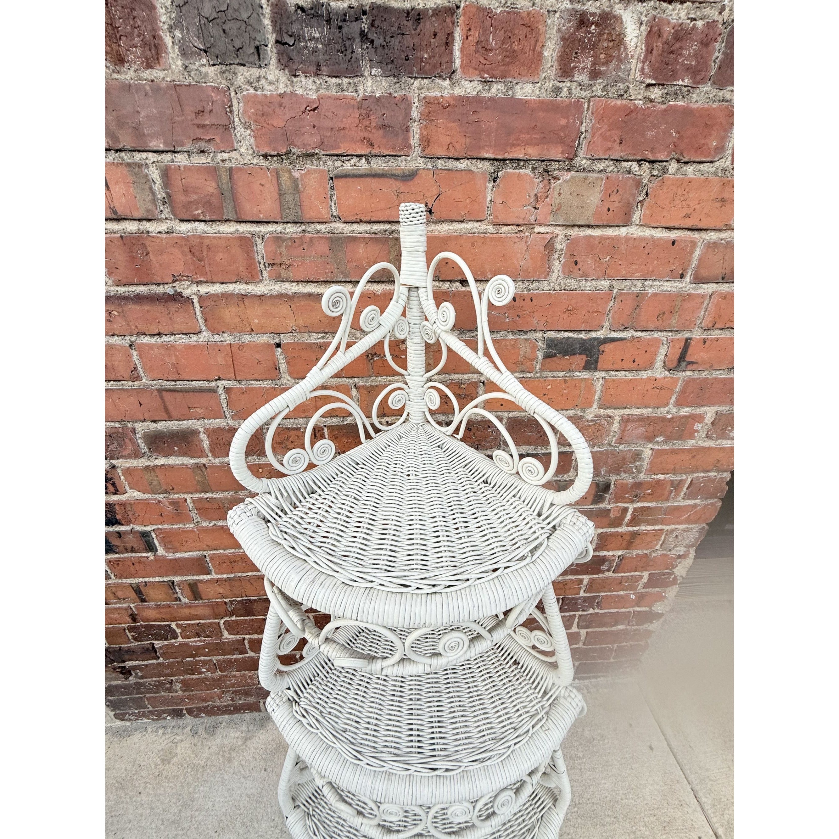 Rattan WIcker Corner Shelf Peacock Scroll  Vintage Coastal Boho Cottage Core Bathroom Bedroom Versitile What Not Trinket Fligurine Shelf