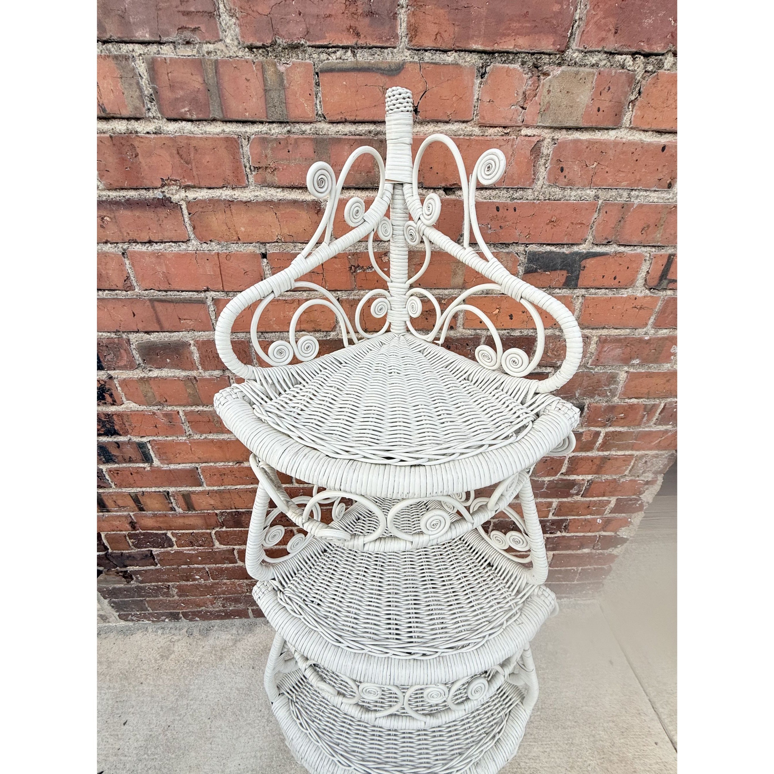 Rattan WIcker Corner Shelf Peacock Scroll  Vintage Coastal Boho Cottage Core Bathroom Bedroom Versitile What Not Trinket Fligurine Shelf
