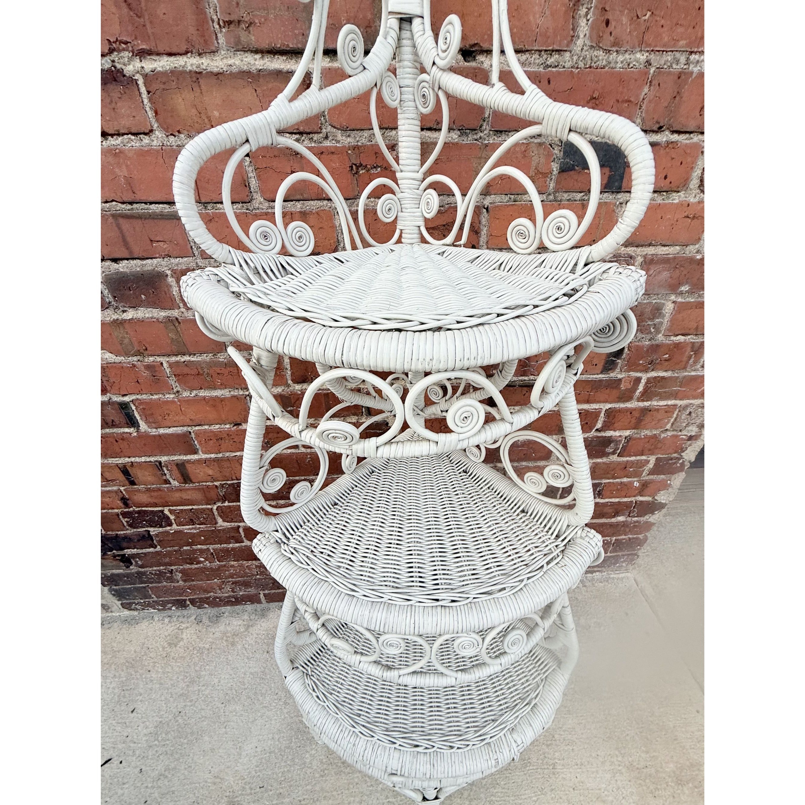 Rattan WIcker Corner Shelf Peacock Scroll  Vintage Coastal Boho Cottage Core Bathroom Bedroom Versitile What Not Trinket Fligurine Shelf