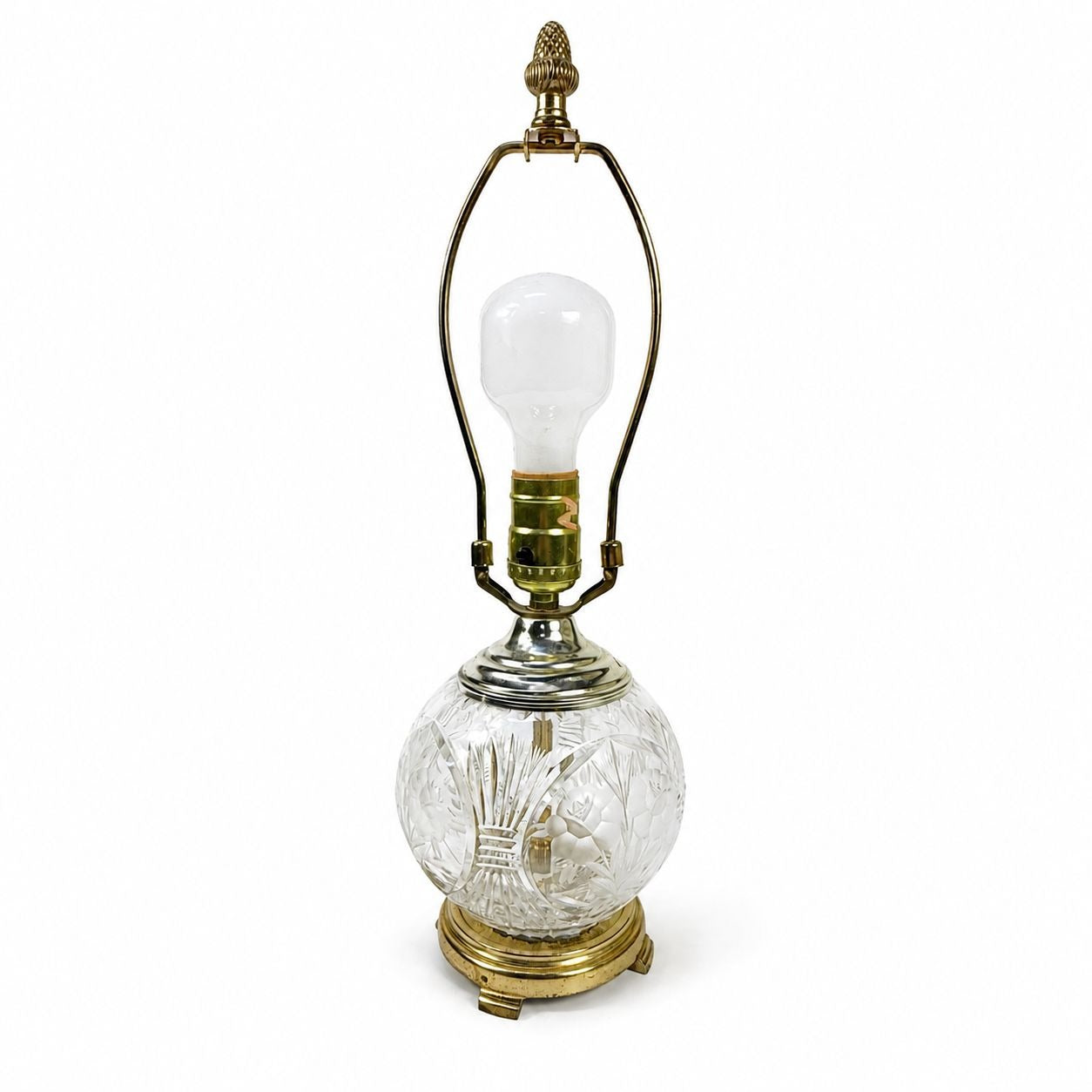 Floral Crystal Table Lamp Traditional Brass Base Etched Flowers Clear Glass Bowl Vintage Home Decor Lighting Decorative Accents
