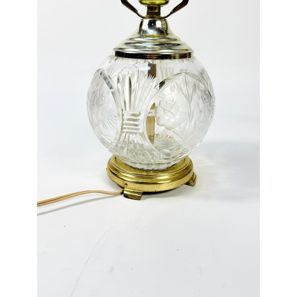 Floral Crystal Table Lamp Traditional Brass Base Etched Flowers Clear Glass Bowl Vintage Home Decor Lighting Decorative Accents