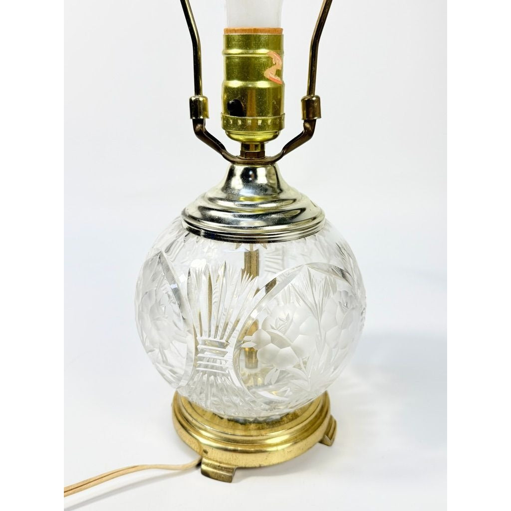Floral Crystal Table Lamp Traditional Brass Base Etched Flowers Clear Glass Bowl Vintage Home Decor Lighting Decorative Accents