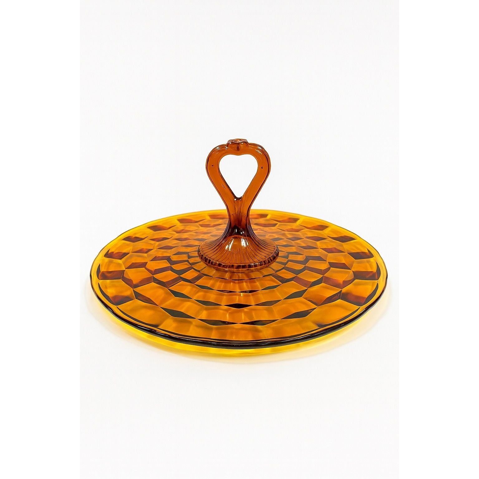 Amber Serving Tray With Handle | Indiana Colony Cubist Bube Diamond Pattern 12" Round Vintage Mid Century Retro Tableware Serveware