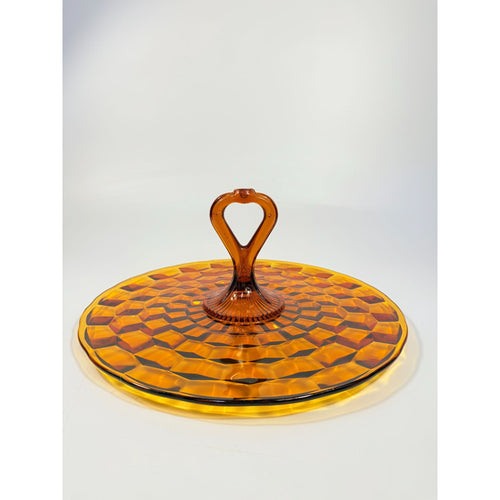 Amber Serving Tray With Handle | Indiana Colony Cubist Bube Diamond Pattern 12" Round Vintage Mid Century Retro Tableware Serveware