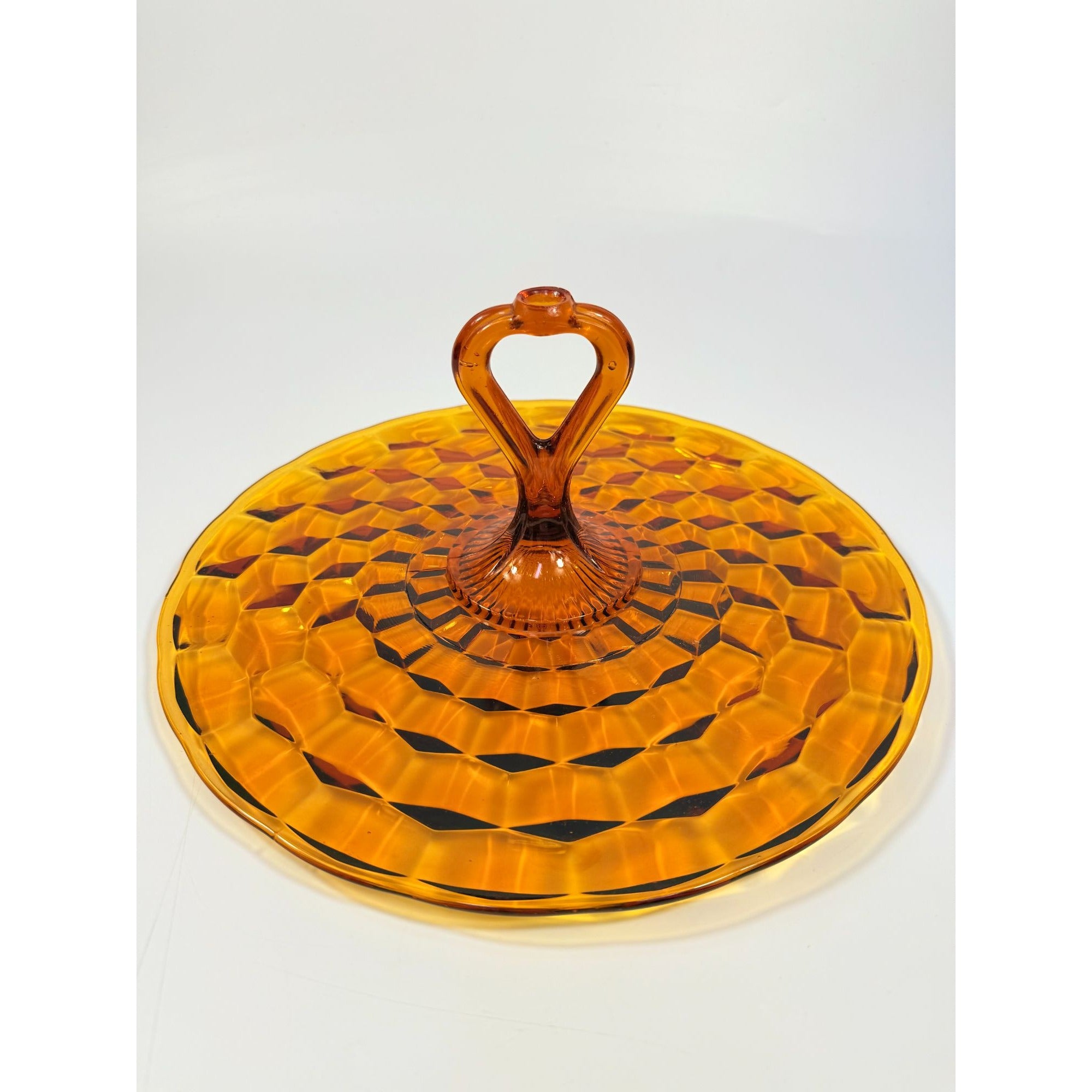 Amber Serving Tray With Handle | Indiana Colony Cubist Bube Diamond Pattern 12" Round Vintage Mid Century Retro Tableware Serveware
