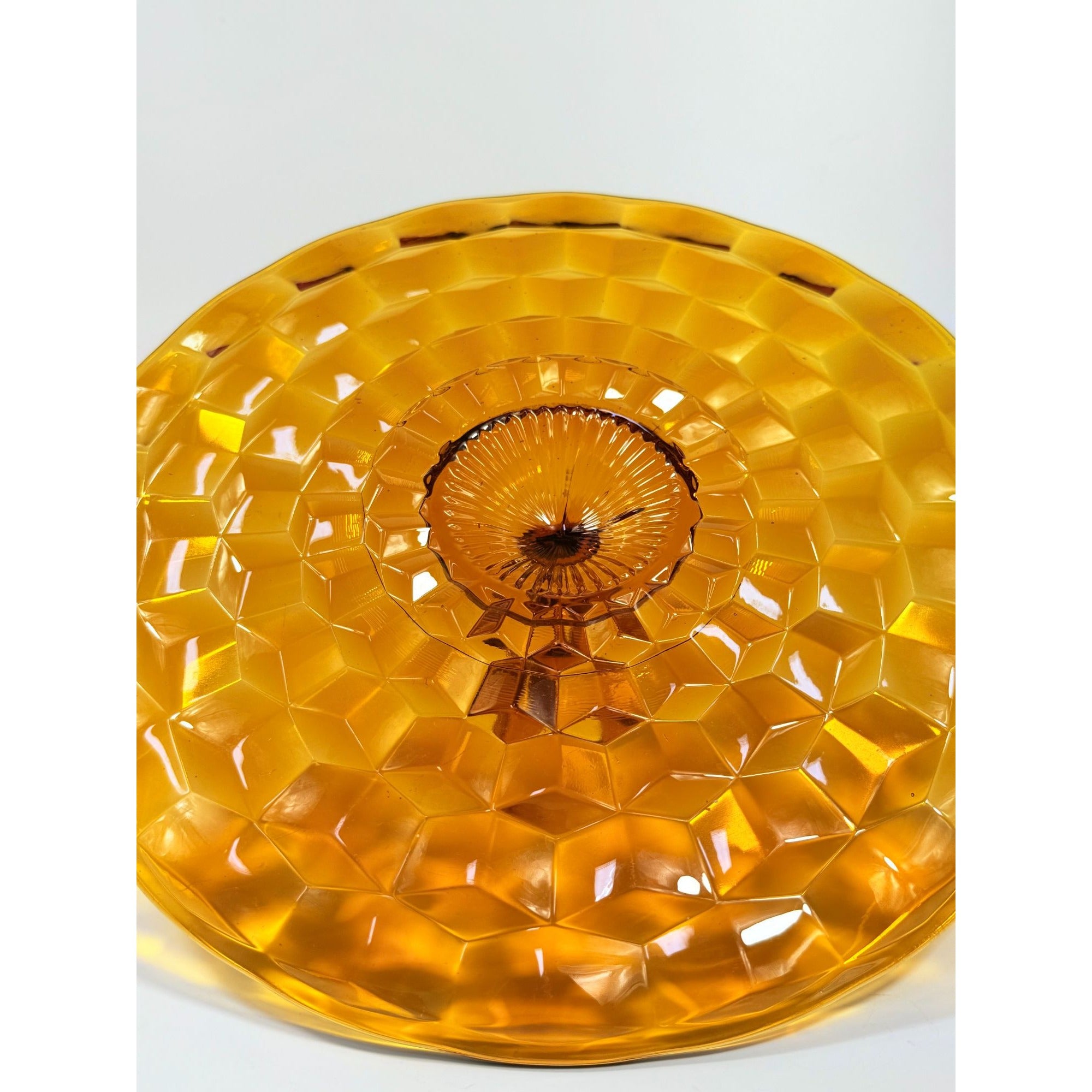 Amber Serving Tray With Handle | Indiana Colony Cubist Bube Diamond Pattern 12" Round Vintage Mid Century Retro Tableware Serveware