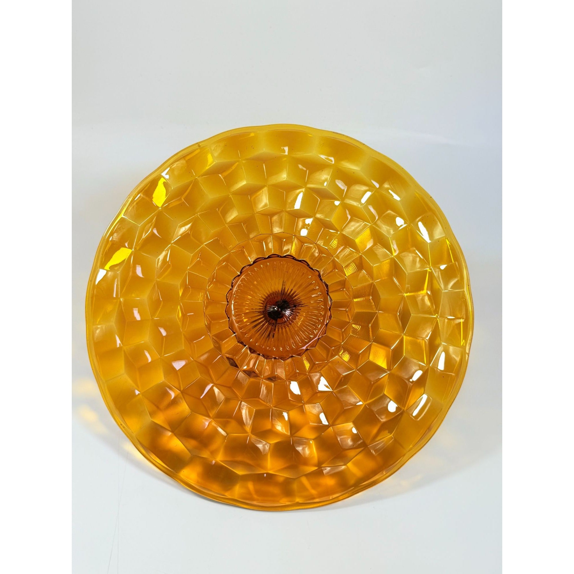 Amber Serving Tray With Handle | Indiana Colony Cubist Bube Diamond Pattern 12" Round Vintage Mid Century Retro Tableware Serveware