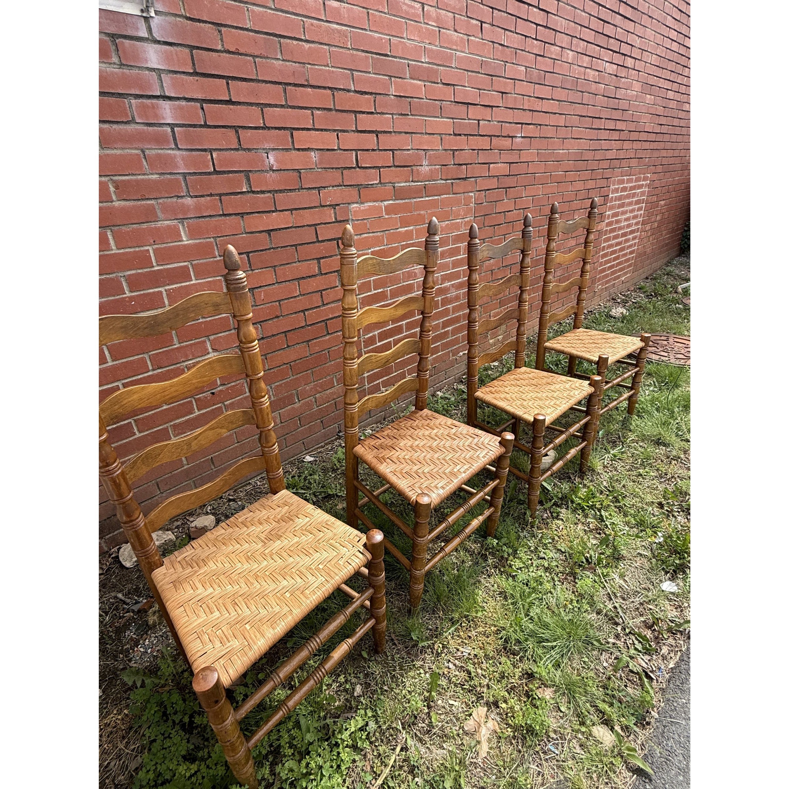 Ladderback Dining Kitchen Chairs Set 4 Woven Rush Seats Wooden Vintage Farmhouse Primitive Country