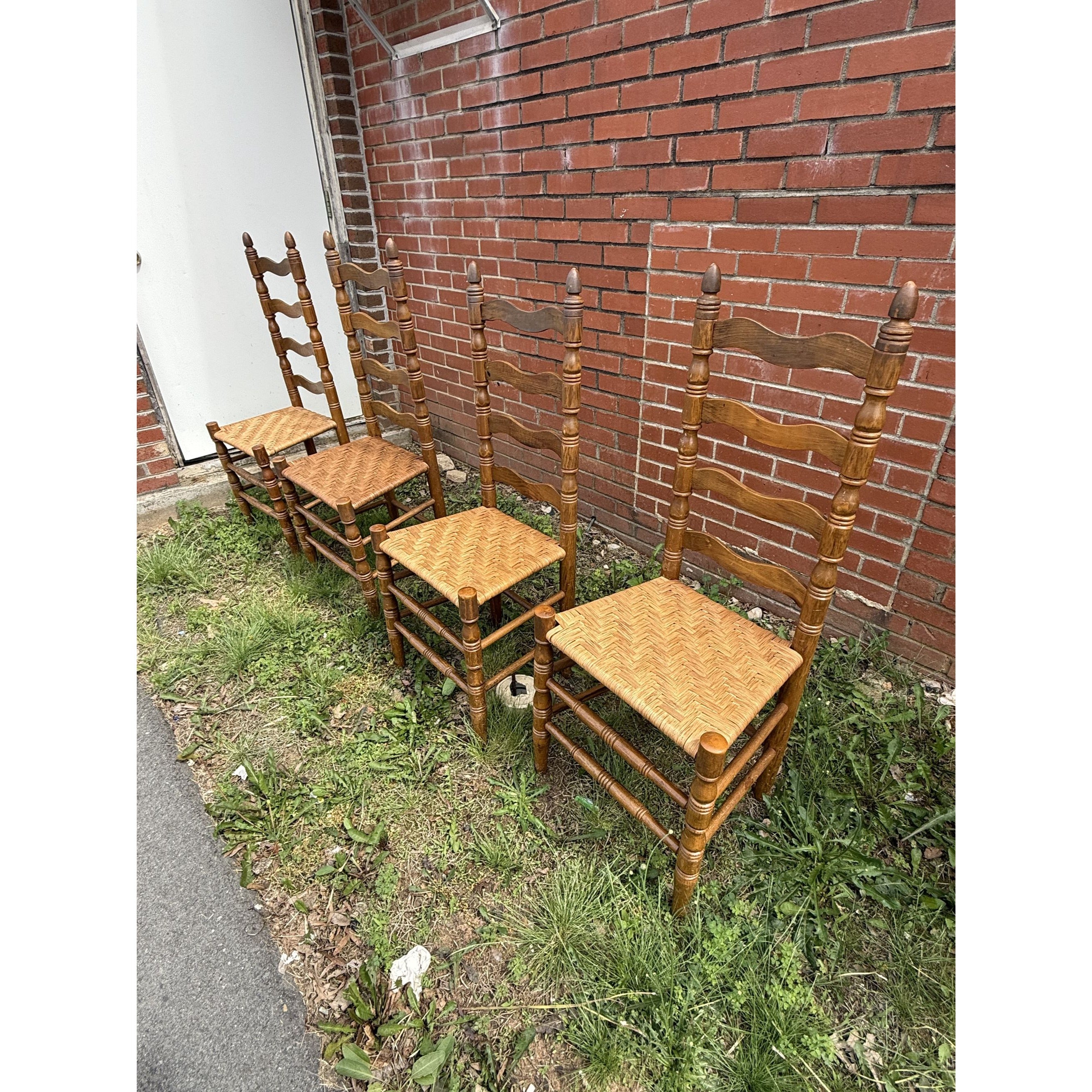 Ladderback Dining Kitchen Chairs Set 4 Woven Rush Seats Wooden Vintage Farmhouse Primitive Country
