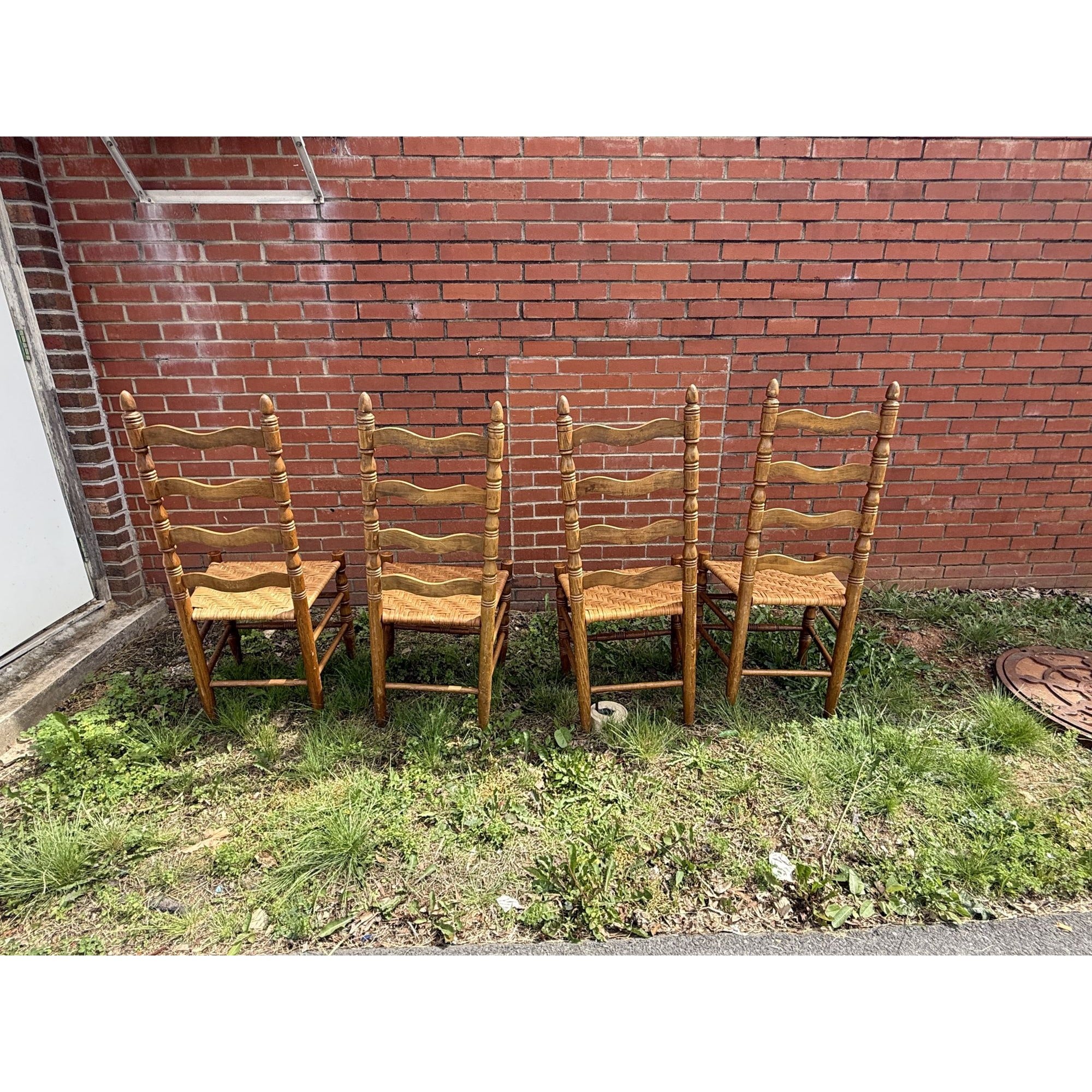 Ladderback Dining Kitchen Chairs Set 4 Woven Rush Seats Wooden Vintage Farmhouse Primitive Country