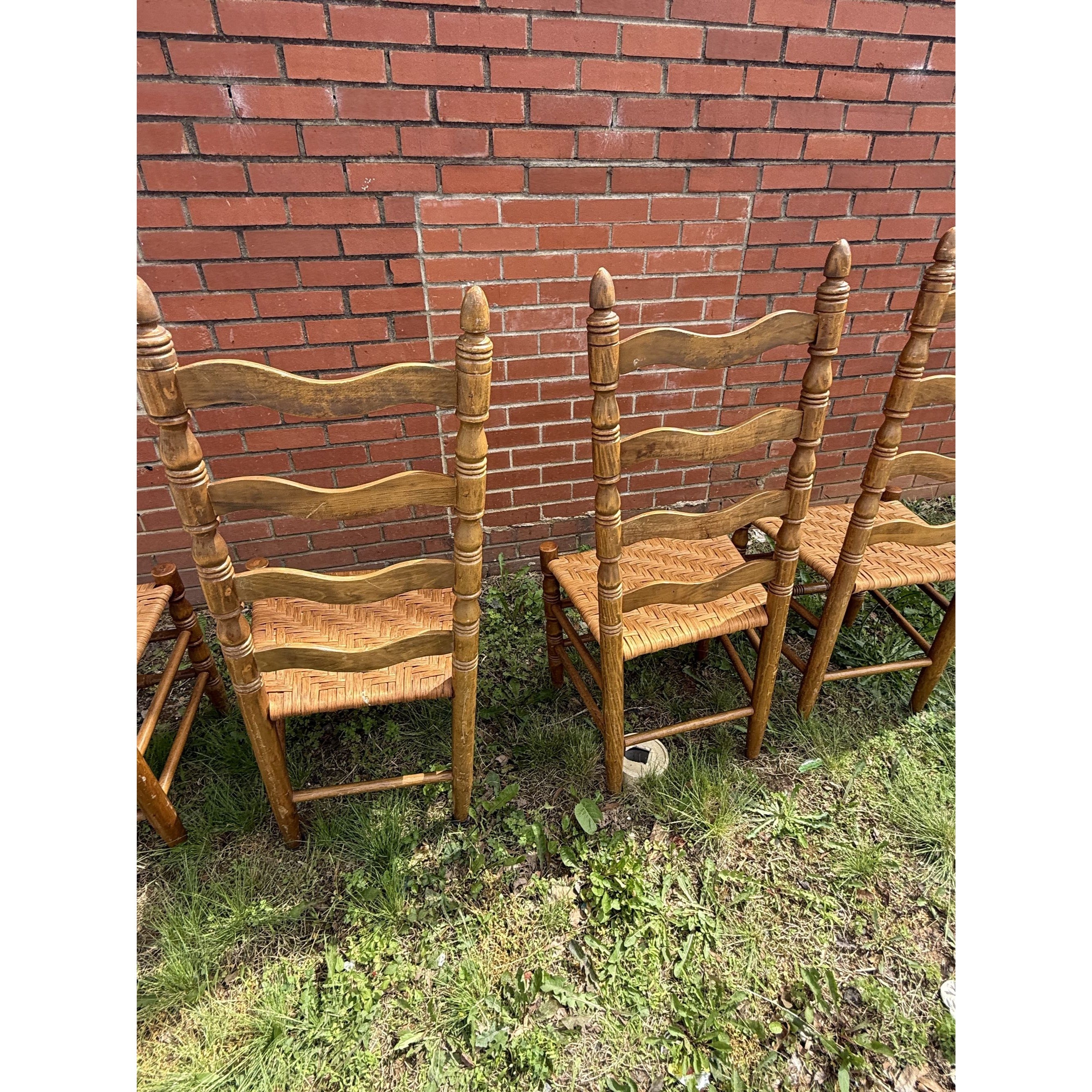 Ladderback Dining Kitchen Chairs Set 4 Woven Rush Seats Wooden Vintage Farmhouse Primitive Country