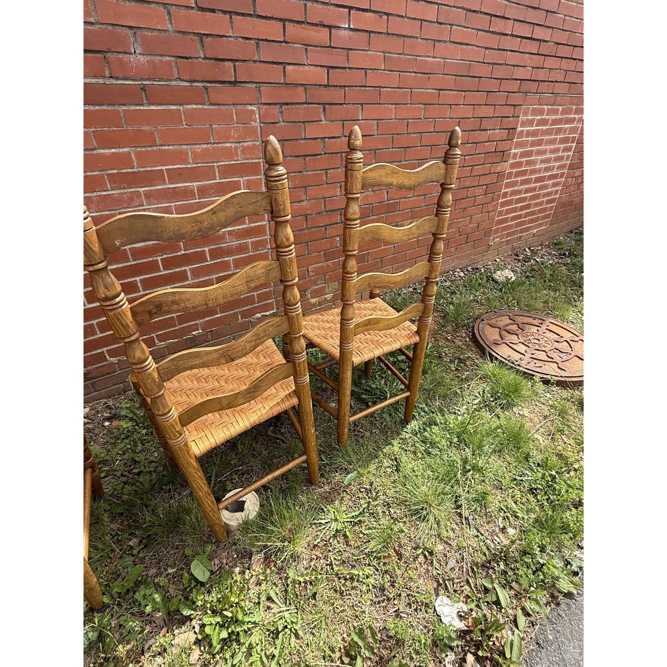 Ladderback Dining Kitchen Chairs Set 4 Woven Rush Seats Wooden Vintage Farmhouse Primitive Country