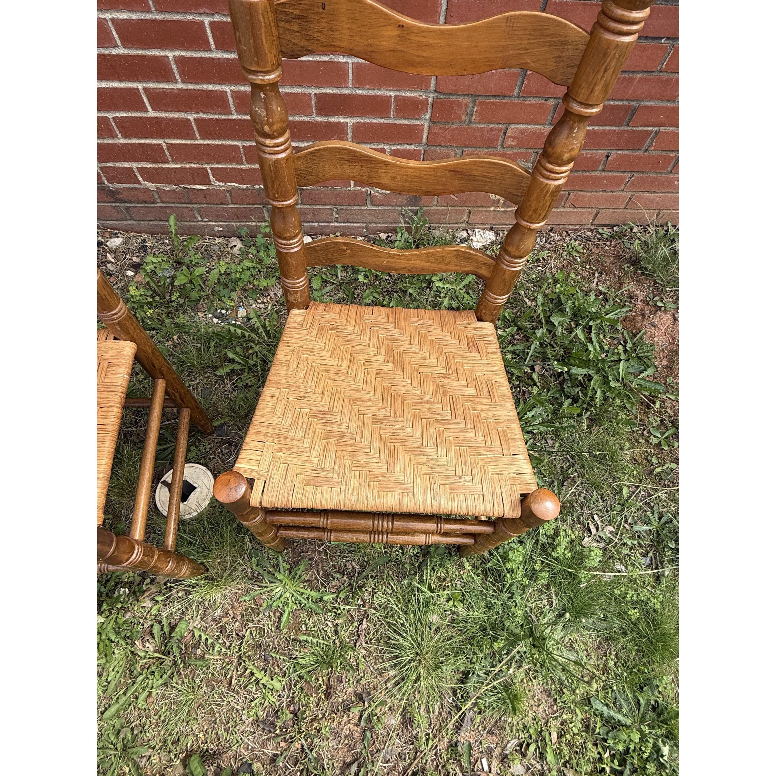Ladderback Dining Kitchen Chairs Set 4 Woven Rush Seats Wooden Vintage Farmhouse Primitive Country